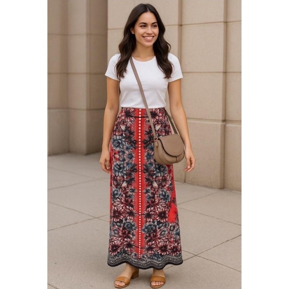 John Paul Richard Red Floral Print Polka Dot Maxi Skirt Womens Large  Brunch - Picture 1 of 9